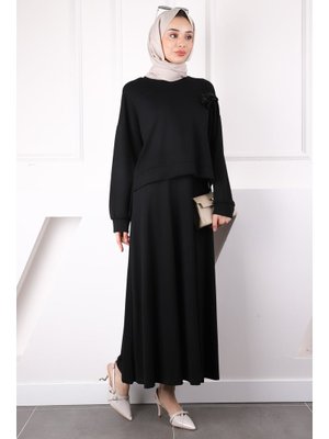 Siyah Gül Aksesuarlı Modal Sweat Etekli Takım Siyah Gül Aksesuarlı Modal Sweat Etekli Takım