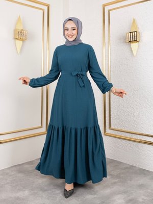 Petrol Mavisi Belden Kuşaklı Ve Bisiklet Yaka Bürümcük Kumaş Elbise Petrol Mavisi Belden Kuşaklı Ve Bisiklet Yaka Bürümcük Kumaş Elbise
