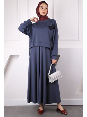 Füme Gül Aksesuarlı Modal Sweat Etekli Takım Füme Gül Aksesuarlı Modal Sweat Etekli Takım