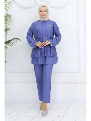 İndigo Fırfırlı Broş Detaylı İkili Takım