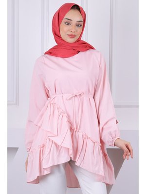 Pudra Eteği Katlı Fırfırlı Tunik