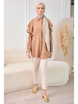 Krem Gizli Fermuar Detaylı Kumaş Pantolon