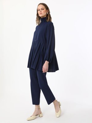 Lacivert Exclusive Pilise Detaylı Fermuarlı Tunik & Pantolon Takım