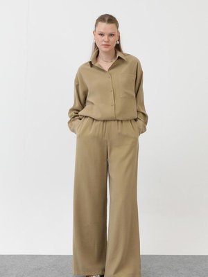 Haki Cupro Kumaş Tek Cepli Düğmeli İkili Takım