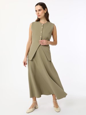 Exclusive Krep Kumaşlı Gold Düğme Detaylı Yelek & Etek Takım Açık Yeşill