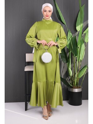 Yağ Yeşili Taş Detaylı Eteği Volanlı Saten Abiye Elbise