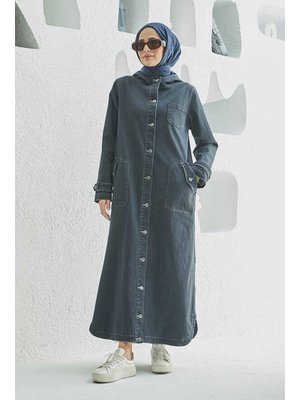 Koyu Gri Denim Kapüşonlu Kap Koyu Gri Denim Kapüşonlu Kap
