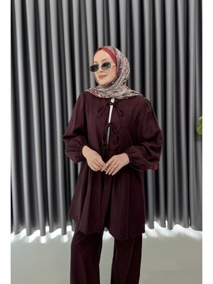 Bordo Önden Bağlamalı Pantolonlu Takım Bordo Önden Bağlamalı Pantolonlu Takım