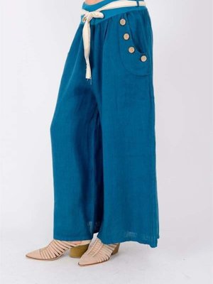 Cam Göbeği İtalyan Korsajlı Düğme Detay Otantik Kemerli Bol Paçalı Keten Pantolon