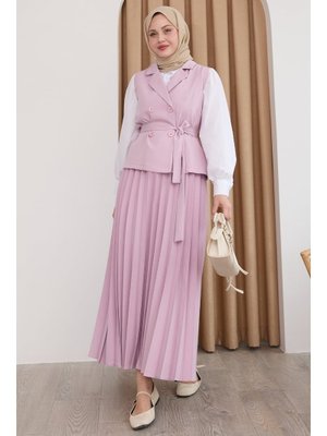 Kruvaze Yaka Piliseli Etekli Lila Takım