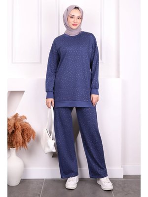 İndigo Taş Detaylı Tunik Pantolonlu Oys Takım