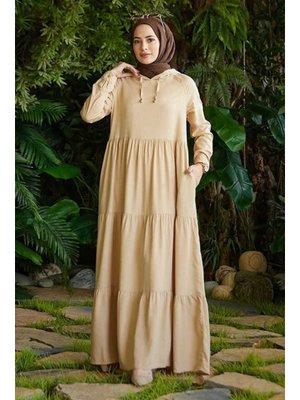 Bej Denim Parça Boya Kapüşonlu Elbise