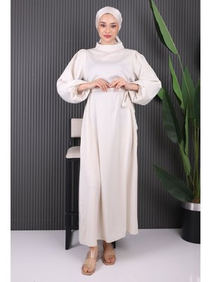 Taş Hakim Yaka Balon Kol Saten Abiye Elbise