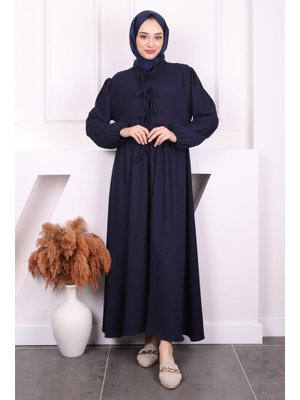 Lacivert Kol Lastikli Yaka Bağlamalı Bürümcük Elbise Lacivert Kol Lastikli Yaka Bağlamalı Bürümcük Elbise
