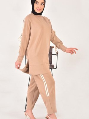 Bej Modal Kumaş Kol Detaylı İkili Takım