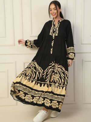 Camel Önü Yarım Düğmeli Kolu Lastikli Empirme Elbise