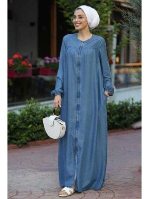 Koyu Mavi Denim Fermuarlı Ferace Koyu Mavi Denim Fermuarlı Ferace