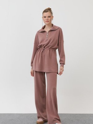 Pembe Modal Kumaş Bel Büzgü Detaylı İkili Takım