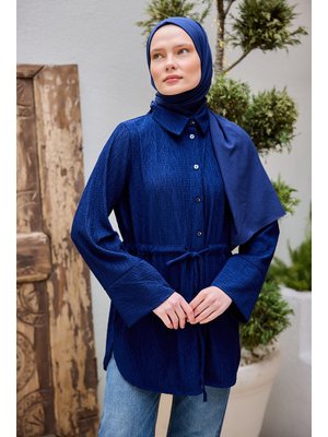 Lacivert Beli Kemerli Damla Gömlek