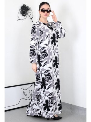 Siyah Gül Desenli Püskullü Battal Elbise