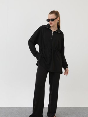 Siyah Modal Kumaş Bel Büzgü Detaylı İkili Takım