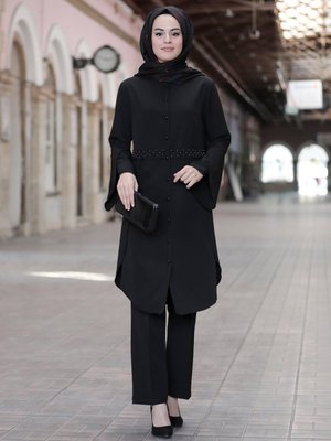Siyah Mimelisa Kelebek Tunik & Pantolon İkili Abiye Takım