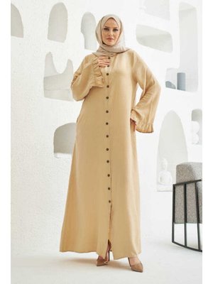 Bej Denim Düğmeli Kolları Fırfırlı Ferace