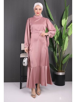 Gül Kurusu Taş Detaylı Eteği Volanlı Saten Abiye Elbise