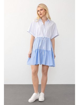 Mavi Beli Büzgülü Çizgili Kısa Kol Poplin Tunik