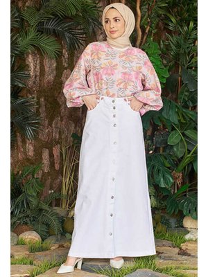 Beyaz Düğmeli Kot Etek