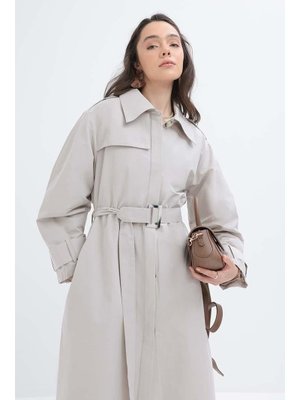 Kemerli Cepli Rüzgarlıklı Trençkot Taş