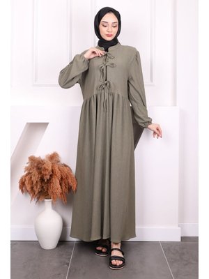 Haki Kol Lastikli Yaka Bağlamalı Bürümcük Elbise Haki Kol Lastikli Yaka Bağlamalı Bürümcük Elbise