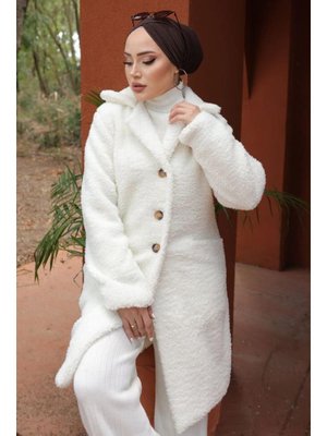 Beyaz Kruvaze Yaka Peluş Mont Beyaz Kruvaze Yaka Peluş Mont