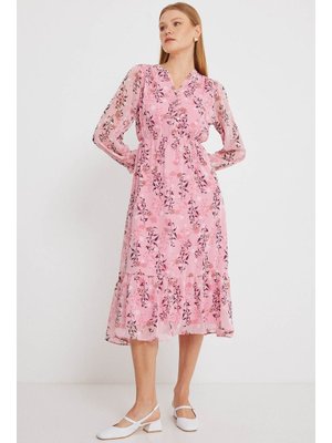 Pembe Desenli Şifon Elbise