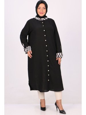 Siyah Zebra Büyük Beden Garnili Keten Gömlek