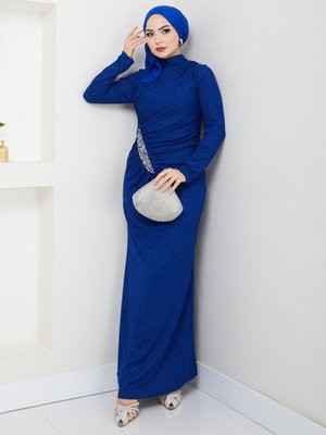 Saks Mavi Kardelen Tesettür Abiye Elbise