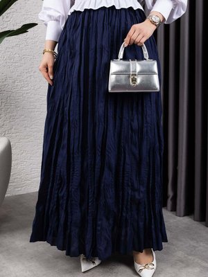 Lacivert Kırışık Kumaş Uzun Etek