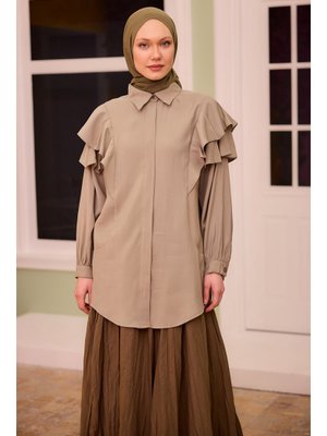 Gizli Düğmeli Fırfır Detay Gömlek Küf Yeşil