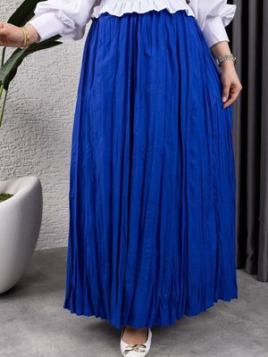 Saks Mavisi Kırışık Kumaş Uzun Etek