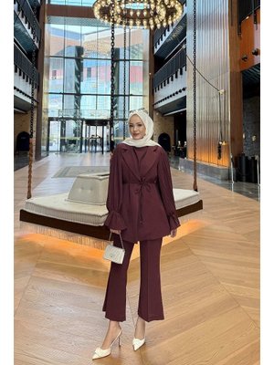 Bordo Kolu Piliseli Krep Takım Bordo Kolu Piliseli Krep Takım