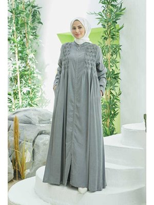 Gri Tensel Kroşetalı Fermuarlı Ferace