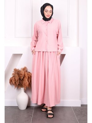 Pudra Ön Kısa Arka Uzun Gömlek Etek Bürümcük Takım