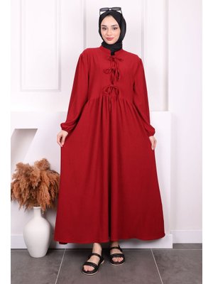 Bordo Kol Lastikli Yaka Bağlamalı Bürümcük Elbise Bordo Kol Lastikli Yaka Bağlamalı Bürümcük Elbise