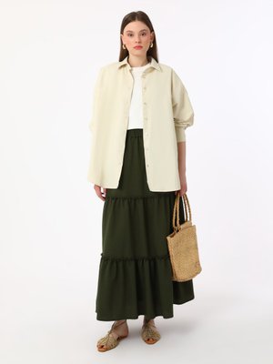 Haki Büzgü Detaylı Beli Lastikli Etek