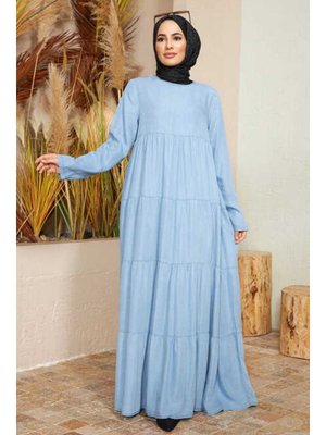 Mavi Tensel Büzgülü Elbise