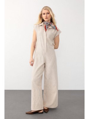 Bej Çıt Çıtlı Keten Karışımlı Kolsuz Tulum Bej Çıt Çıtlı Keten Karışımlı Kolsuz Tulum