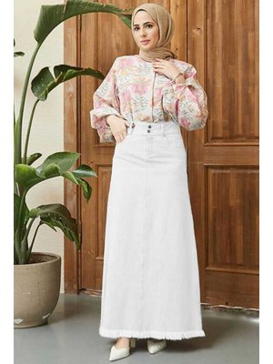 Beyaz Denim Püsküllü Etek