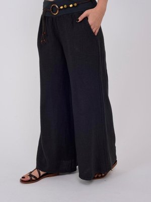 Antrasit İtalyan Beli Korsajlı Tokalı Kemerli Bol Paçalı Keten Pantolon Antrasit İtalyan Beli Korsajlı Tokalı Kemerli Bol Paçalı Keten Pantolon