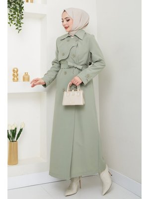 Kapak Detay Uzun Astarlı Mint Yeşili Trençkot