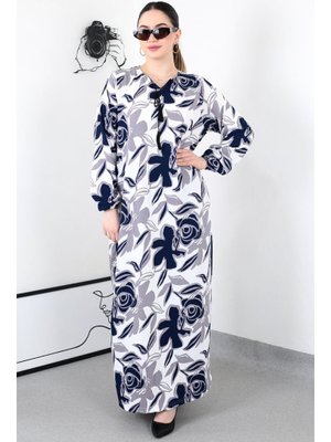 Lacivert Gül Desenli Püskullü Battal Elbise